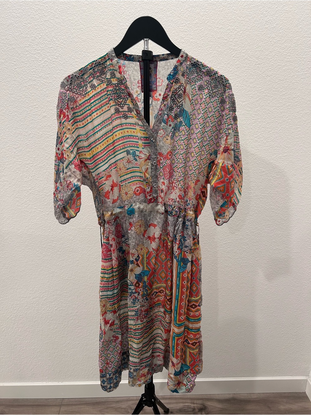 Johnny Was Patchwork Floral Silk Blend Dress Size S Boho Eyelet Detail